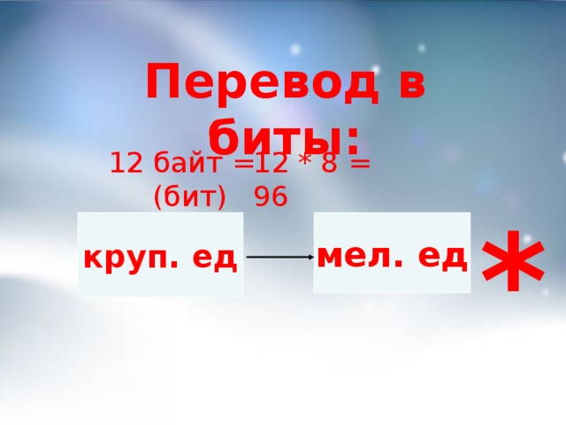 Перевод в биты: 12 байт = (бит) 12 * 8 = 96 круп. ед мел. ед *