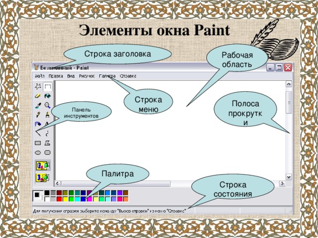 Отметьте элементы окна не имеющие отношения к приложению paint