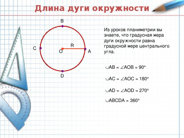 Длина дуги окружности B Из уроков планиметрии вы знаете, что градусная мера дуги окружности равна градусной мере центрального угла. R C О A  АВ =  АОВ = 90  D  А C =  АО C = 18 0   А D =  АО D = 27 0   АВ CD А = 36 0 