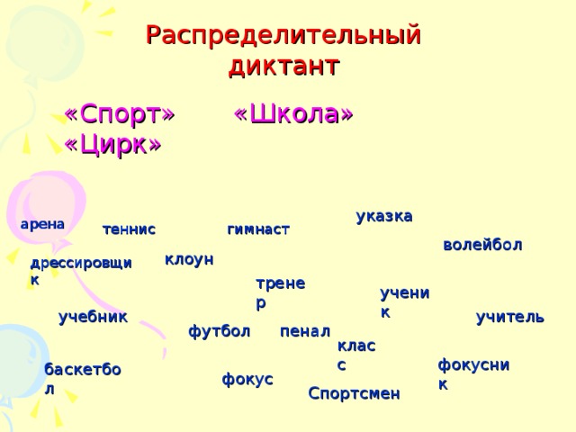 Распределительный диктант «Спорт» «Школа» «Цирк» указка арена гимнаст теннис волейбол клоун дрессировщик тренер ученик учебник учитель футбол пенал класс фокусник баскетбол фокус Спортсмен