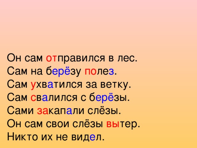 Он сам от правился в лес.  Сам на б ерё зу по ле з .  Сам у хв а тился за ветку.  Сам с в а лился с б ерё зы.  Сами за кап а ли слёзы.  Он сам свои слёзы вы тер.  Никто их не вид е л.