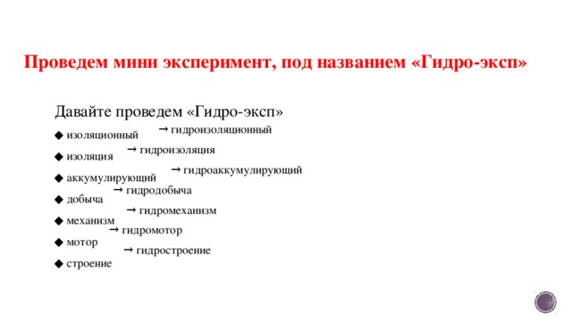 Проведем мини эксперимент, под названием «Гидро-эксп» Давайте проведем «Гидро-эксп» ◆ изоляционный ◆ изоляция ◆ аккумулирующий ◆ добыча ◆ механизм ◆ мотор ◆ строение → гидроизоляционный → гидроизоляция → гидроаккумулирующий → гидродобыча → гидромеханизм → гидромотор → гидростроение