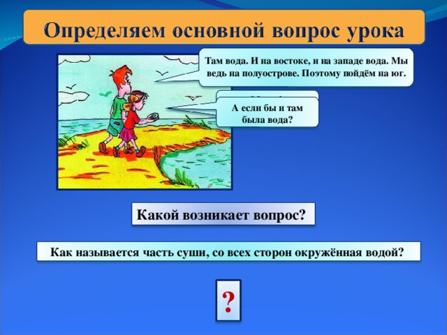 Там вода. И на востоке, и на западе вода. Мы ведь на полуострове. Поэтому пойдём на юг. Миша! Пойдём на север! А если бы и там была вода?  Какой возникает вопрос? Как называется часть суши, со всех сторон окружённая водой? ?