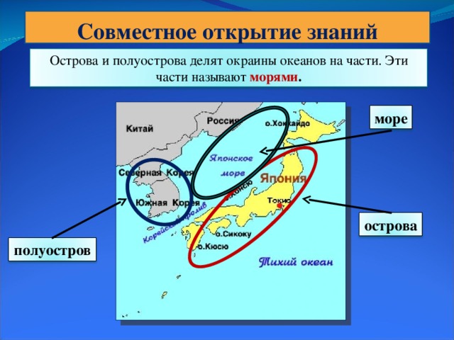 Совместное открытие знаний Острова и полуострова делят окраины океанов на части. Эти части называют морями . море острова полуостров