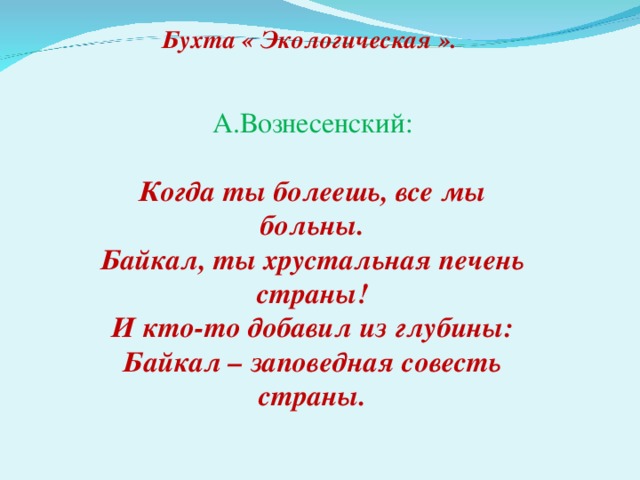 Бухта « Экологическая ». А.Вознесенский: Когда ты болеешь, все мы больны. Байкал, ты хрустальная печень страны! И кто-то добавил из глубины: Байкал – заповедная совесть страны.