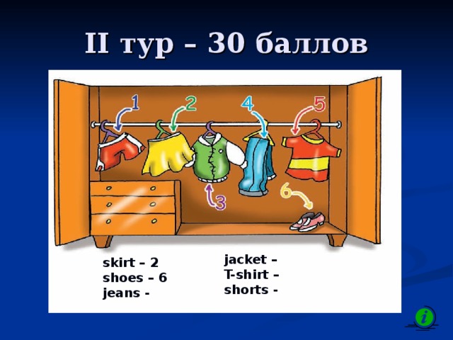 II тур – 30 баллов jacket – T-shirt – shorts - skirt – 2 shoes – 6 jeans -