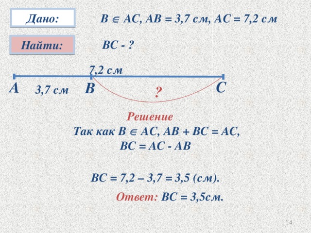 А ? Дано:  В  АС, АВ = 3,7 см, АС = 7,2 см ВС - ? Найти: 7,2 см C В 3,7 см Решение  Так как В  АС, АВ + ВС = АС, ВС = АС - АВ № 31 ВС = 7,2 – 3,7 = 3,5 (см). Ответ: BС = 3,5см. 13 14