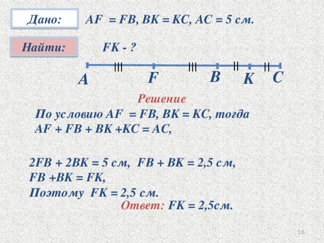 А  AF = FB, BK = KC, AC = 5 см. Дано: Найти: FK - ? || || ||| ||| B C F K Решение По условию AF = FB, BK = KC, тогда AF + FB + BK +KC = AC, 2FB + 2BK = 5 см, FB + BK = 2,5 см, FB +BK = FK, Поэтому FK = 2,5 см. Ответ: FK = 2,5см. 15