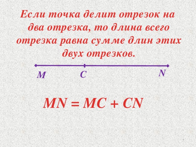 M Если точка делит отрезок на  два отрезка, то длина всего  отрезка равна сумме длин этих  двух отрезков. N C MN = MC + CN 6