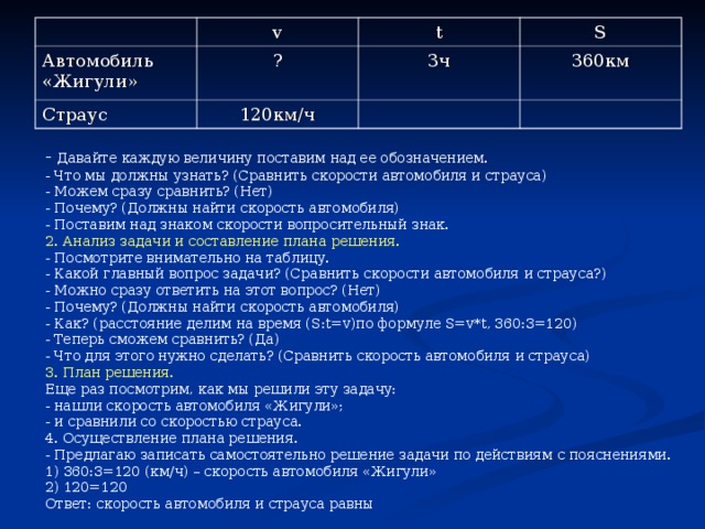 2. Формирующий эксперимент Цель данного эксперимента: систематическое использование метода моделирования  и мультимедийных средств при решении задач в 5 классе.  Для этого классу предлагалось, почти каждый урок, решать задачи с использованием метода моделирования и мультимедийных средств.  Н-р: Задача №1 «Автомобиль «Жигули» за 3 часа может проехать 360 км. Бескрылая птица страус – лучший бегун в мире – развивает скорость до 120 км/ч. Сравните скорости автомобиля и страуса» - Внимательно слушаем условие задачи. 1. Чтение задачи и запись условия. - О чем это задача? (Об автомобиле «Жигули» и о страусе) - Знаете автомобиль «Жигули»? - Страус знаете? - Что нам уже известно в задаче? (Автомобиль «Жигули» за 3 часа может проехать 360 км. Бескрылая птица страус развивает скорость до 120 км/ч) - Давайте составим таблицу: - Как найти скорость, время, расстояние.( S = v * t , S : t = v , S:v=t )