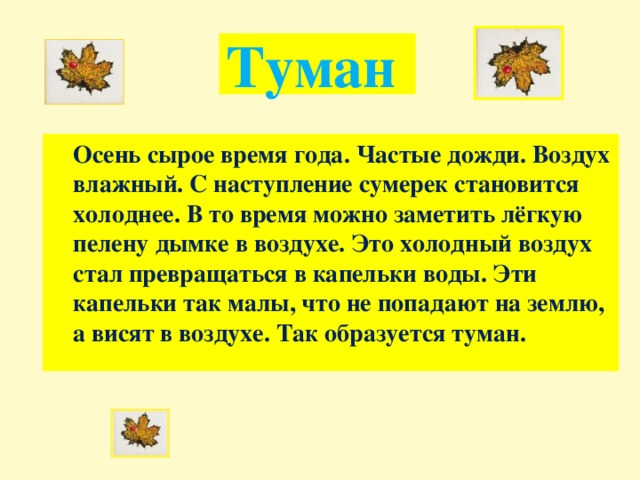 Туман  Осень сырое время года. Частые дожди. Воздух влажный. С наступление сумерек становится холоднее. В то время можно заметить лёгкую пелену дымке в воздухе. Это холодный воздух стал превращаться в капельки воды. Эти капельки так малы, что не попадают на землю, а висят в воздухе. Так образуется туман.