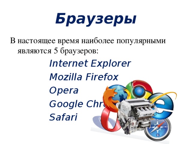 Браузеры В настоящее время наиболее популярными являются 5 браузеров: Internet Explorer Mozilla Firefox Opera Google Chrome Safari