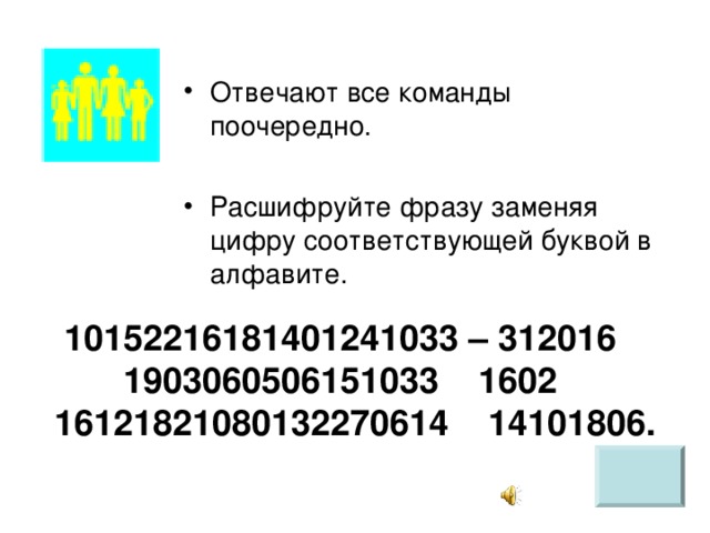 Отвечают все команды поочередно.  Расшифруйте фразу заменяя цифру соответствующей буквой в алфавите.