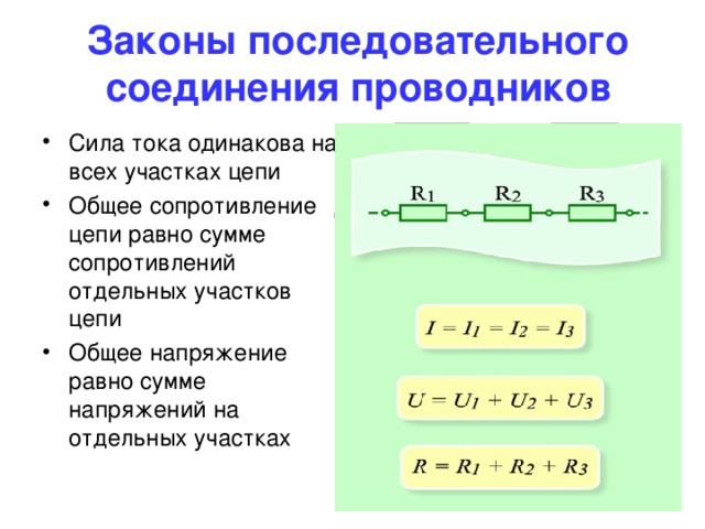 Законы последовательного соединения проводников R 1 R 2 Сила тока одинакова на всех участках цепи Общее сопротивление цепи равно сумме сопротивлений отдельных участков цепи Общее напряжение равно сумме напряжений на отдельных участках V 1 V 2 A