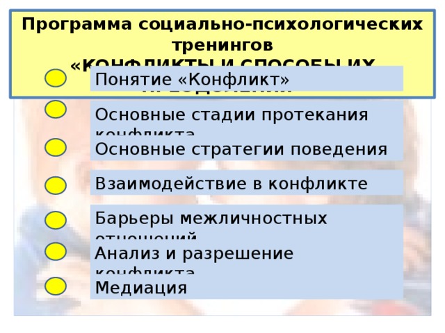 Программа социально-психологических тренингов «КОНФЛИКТЫ И СПОСОБЫ ИХ ПРЕОДОЛЕНИЯ» Понятие «Конфликт» Основные стадии протекания конфликта Основные стратегии поведения Взаимодействие в конфликте Барьеры межличностных отношений Анализ и разрешение конфликта Медиация