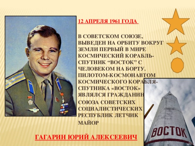 12 АПРЕЛЯ 1961 ГОДА  В СОВЕТСКОМ СОЮЗЕ, ВЫВЕДЕН НА ОРБИТУ ВОКРУГ ЗЕМЛИ ПЕРВЫЙ В МИРЕ КОСМИЧЕСКИЙ КОРАБЛЬ-СПУТНИК “ВОСТОК” С ЧЕЛОВЕКОМ НА БОРТУ. ПИЛОТОМ-КОСМОНАВТОМ КОСМИЧЕСКОГО КОРАБЛЯ-СПУТНИКА «ВОСТОК» ЯВЛЯЛСЯ ГРАЖДАНИН СОЮЗА СОВЕТСКИХ СОЦИАЛИСТИЧЕСКИХ РЕСПУБЛИК ЛЕТЧИК МАЙОР  ГАГАРИН ЮРИЙ АЛЕКСЕЕВИЧ