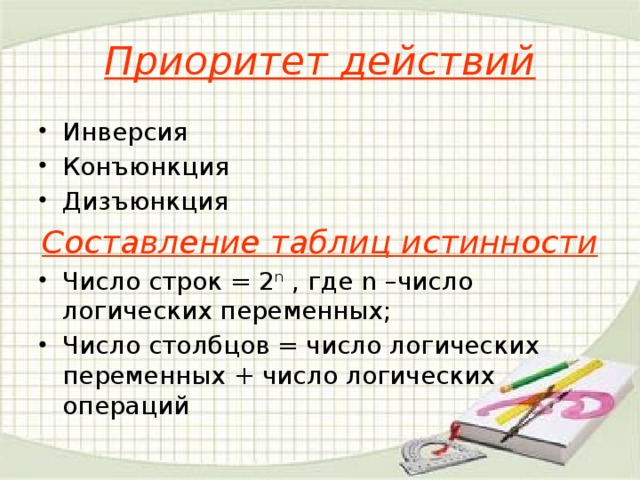 Приоритет действий Инверсия Конъюнкция Дизъюнкция Составление таблиц истинности