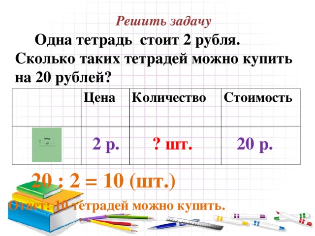Решить задачу  Одна тетрадь стоит 2 рубля. Сколько таких тетрадей можно купить на 20 рублей? Цена Количество Стоимость 2 р. 20 р. ? шт.  20 :  2 = 10 ( шт.) Ответ: 10 тетрадей можно купить.