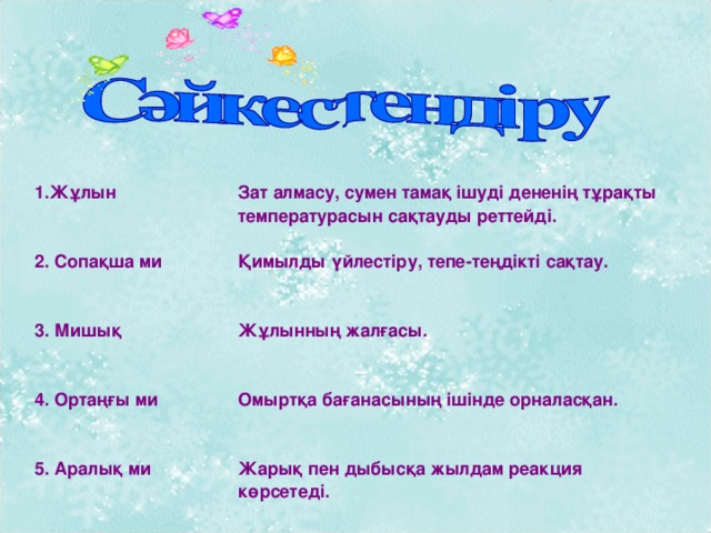 1.Жұлын   2. Сопақша ми   3. Мишық   4. Ортаңғы ми   5. Аралық ми Зат алмасу, сумен тамақ ішуді дененің тұрақты температурасын сақтауды реттейді.  Қимылды үйлестіру, тепе-теңдікті сақтау.   Жұлынның жалғасы.   Омыртқа бағанасының ішінде орналасқан.   Жарық пен дыбысқа жылдам реакция көрсетеді.