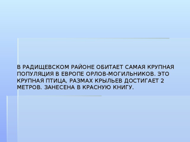 В РАДИЩЕВСКОМ РАЙОНЕ ОБИТАЕТ САМАЯ КРУПНАЯ ПОПУЛЯЦИЯ В ЕВРОПЕ ОРЛОВ-МОГИЛЬНИКОВ. ЭТО КРУПНАЯ ПТИЦА, РАЗМАХ КРЫЛЬЕВ ДОСТИГАЕТ 2 МЕТРОВ. ЗАНЕСЕНА В КРАСНУЮ КНИГУ.