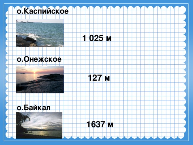 о.Каспийское     о.Онежское    о.Байкал    1 025 м  127 м  1637 м