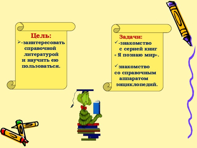 Цель: -заинтересовать справочной литературой и научить ею пользоваться.  Задачи: -знакомство  с серией книг « Я познаю мир».  знакомство со справочным  аппаратом  энциклопедий.