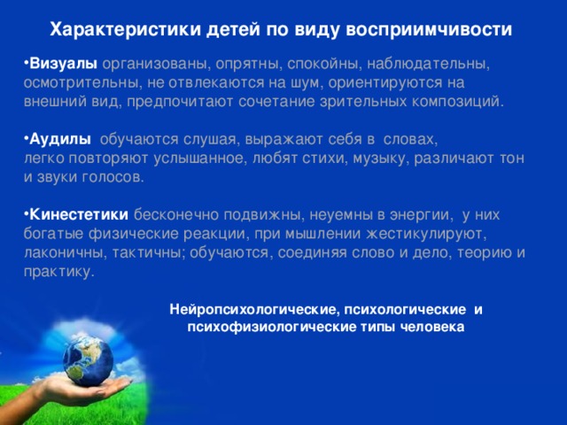 Характеристики детей по виду восприимчивости Визуалы  организованы, опрятны, спокойны, наблюдательны, осмотрительны, не отвлекаются на шум, ориентируются на внешний вид, предпочитают сочетание зрительных композиций. Аудилы   обучаются слушая, выражают себя в  словах, легко повторяют услышанное, любят стихи, музыку, различают тон  и звуки голосов. Кинестетики бесконечно подвижны, неуемны в энергии,  у них богатые физические реакции, при мышлении жестикулируют, лаконичны, тактичны; обучаются, соединяя слово и дело, теорию и практику. Нейропсихологические, психологические  и психофизиологические типы человека 000000000000 000000000000