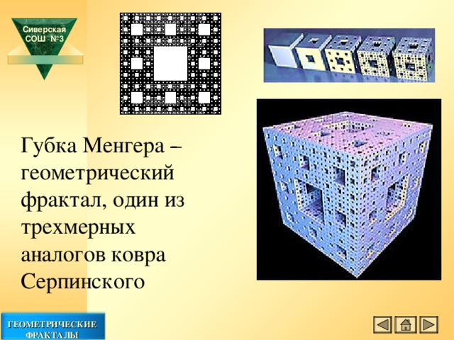 Сиверская СОШ №3 Губка Менгера ­­– геометрический фрактал, один из трехмерных аналогов ковра Серпинского ГЕОМЕТРИЧЕСКИЕ ФРАКТАЛЫ