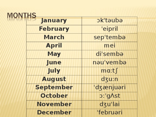 January ɔ k'təubə February 'eipr i l March sep'tembə April me i May di'sembə June nəu'vembə July m ɑ :t ʃ August dʒu:n September 'dʒænjuəri October ɔ :'gΛst November dʒu'lai December 'februəri