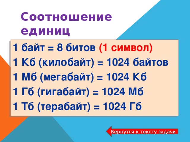 Соотношение единиц 1 байт = 8 битов (1 символ) 1 Кб (килобайт) = 1024 байтов 1 Мб (мегабайт) = 1024 Кб 1 Гб (гигабайт) = 1024 Мб 1 Тб (терабайт) = 1024 Гб Вернутся к тексту задачи