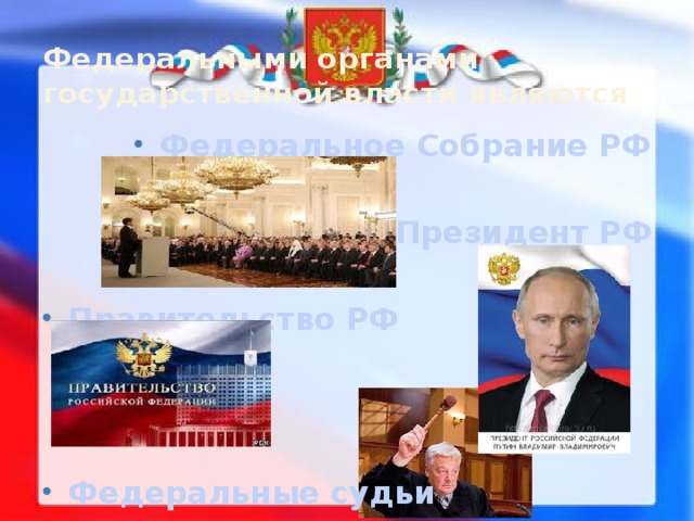 Федеральными органами государственной власти являются Федеральное Собрание РФ  Президент РФ  Правительство РФ