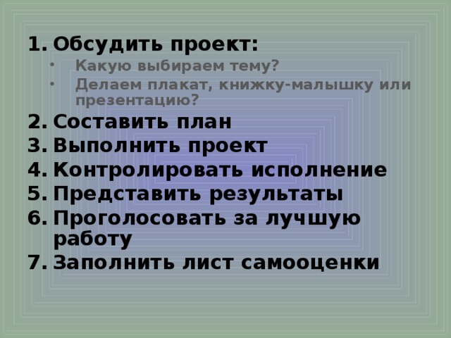 Обсудить проект: Какую выбираем тему? Делаем плакат, книжку-малышку или презентацию? Какую выбираем тему? Делаем плакат, книжку-малышку или презентацию? Составить план Выполнить проект Контролировать исполнение Представить результаты Проголосовать за лучшую работу Заполнить лист самооценки