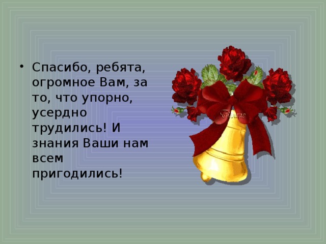 Спасибо, ребята, огромное Вам, за то, что упорно, усердно трудились! И знания Ваши нам всем пригодились!