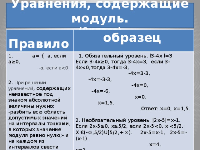 Уравнения, содержащие модуль. (8класс)  Правило  образец 1. а= { а, если а≥0,  1. Обязательный уровень. lЗ-4х l=3  -а, если аЕсли 3-4х≥0, тогда 3-4х=3, если 3-4х2. При решении уравнений , содержащих неизвестное под знаком абсолютной величины нужно: -разбить всю область допустимых значений на интервалы точками, в которых значение модуля равно нулю;- и на каждом из интервалов свести уравнение к обычному алгебраическому.  -4х=3-3, -4х=-3-3,  -4х=0, -4х=-6,  х=0, х=1,5.  Ответ: х=0, х=1,5. 2. Необязательный уровень. |2х-5|=х-1. Если 2х-5≥0, х≥5/2, если 2х-5Х € (-∞ ,5/2)U[5/2 ,+∞ ). 2х-5=х-1, 2х-5=-(х-1).  х=4, х=2.  значения х принадлежат данному промежутку, значит являются решением. Ответ: х=2,х=4.