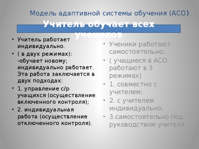 Модель адаптивной системы обучения (АСО ) Учитель обучает всех учеников