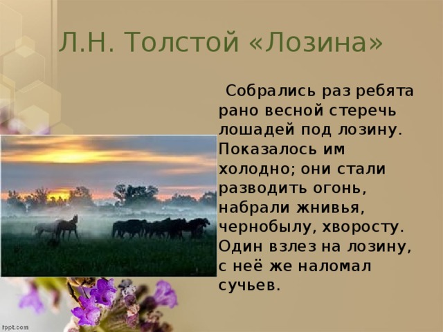 Л.Н. Толстой «Лозина»  Собрались раз ребята рано весной стеречь лошадей под лозину. Показалось им холодно; они стали разводить огонь, набрали жнивья, чернобылу, хворосту. Один взлез на лозину, с неё же наломал сучьев.