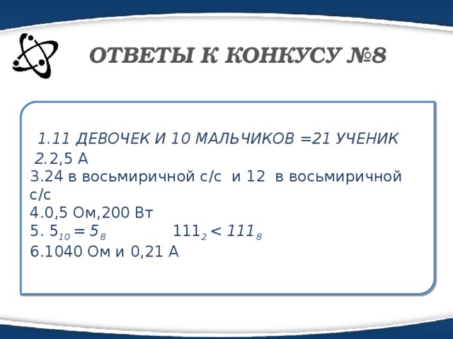 ОТВЕТЫ К КОНКУСУ №8  1.11 ДЕВОЧЕК И 10 МАЛЬЧИКОВ =21 УЧЕНИК  2. 2,5 А 3.24 в восьмиричной с/с и 12 в восьмиричной с/с 4.0,5 Ом,200 Вт 5 . 5 10 = 5 8 111 2  8 6.1040 Ом и 0,21 А