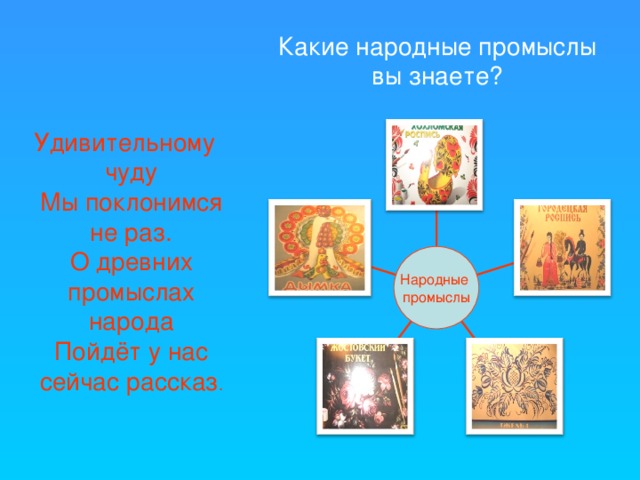 Какие народные промыслы вы знаете? Удивительному чуду Мы поклонимся не раз. О древних промыслах народа Пойдёт у нас сейчас рассказ . Народные промыслы