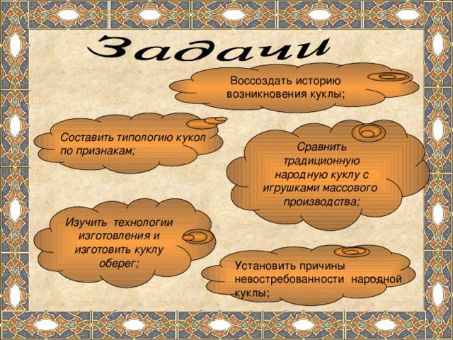 Сравнить традиционную народную куклу с игрушками массового производства; Составить типологию кукол по признакам; Изучить технологии изготовления и изготовить куклу оберег; Установить причины невостребованности народной куклы;