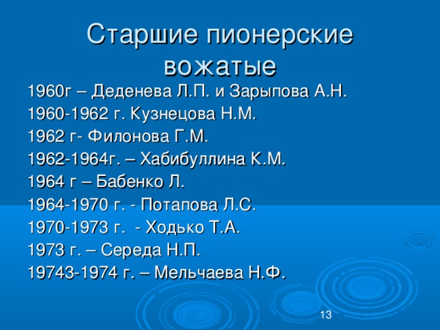 Старшие пионерские вожатые 1960г – Деденева Л.П. и Зарыпова А.Н. 1960-1962 г. Кузнецова Н.М. 1962 г- Филонова Г.М. 1962-1964г. – Хабибуллина К.М. 1964 г – Бабенко Л. 1964-1970 г. - Потапова Л.С. 1970-1973 г. - Ходько Т.А. 1973 г. – Середа Н.П. 19743-1974 г. – Мельчаева Н.Ф.