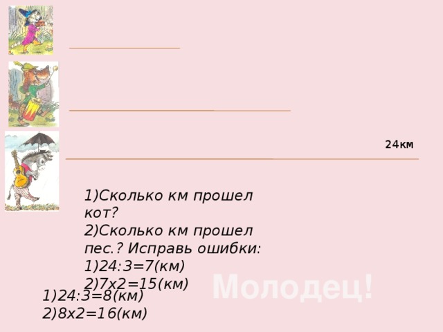 24км 1)Сколько км прошел кот? 2)Сколько км прошел пес.? Исправь ошибки: 1)24:3=7(км) 2)7х2=15(км) Молодец! 1)24:3=8(км) 2)8х2=16(км)