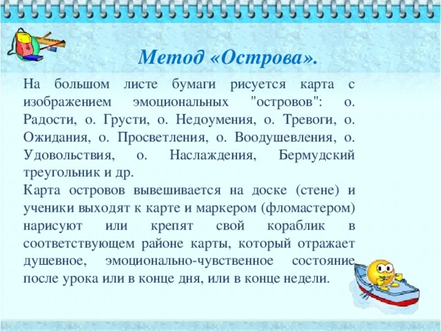 Метод «Острова».   На большом листе бумаги рисуется карта с изображением эмоциональных 