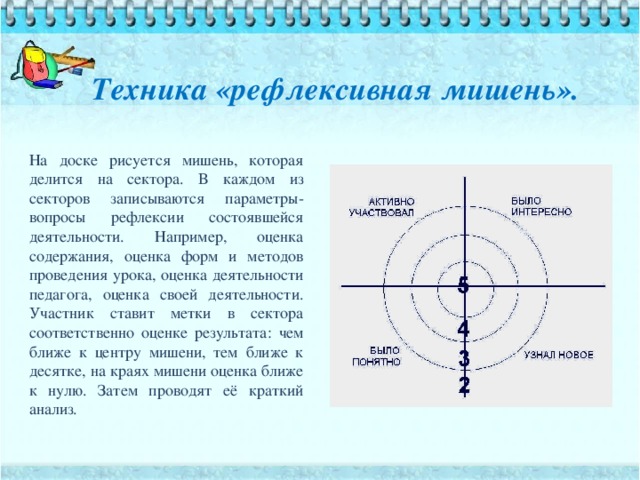 Техника «рефлексивная мишень».   На доске рисуется мишень, которая делится на сектора. В каждом из секторов записываются параметры- вопросы рефлексии состоявшейся деятельности. Например, оценка содержания, оценка форм и методов проведения урока, оценка деятельности педагога, оценка своей деятельности. Участник ставит метки в сектора соответственно оценке результата: чем ближе к центру мишени, тем ближе к десятке, на краях мишени оценка ближе к нулю. Затем проводят её краткий анализ.