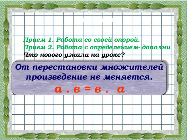 Итог урока Прием 1. Работа со своей опорой. Прием 2. Работа с определением- дополни Что нового узнали на уроке? От перестановки множителей произведение не меняется. а . в = в . а От перестановки множителей произведение не меняется. а . в = в . а