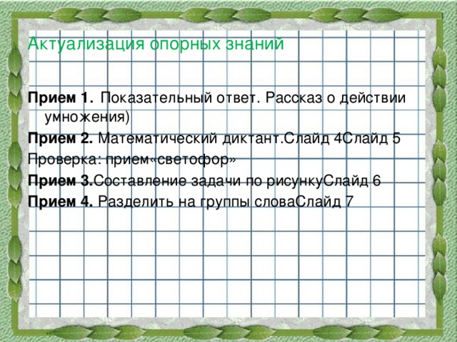 Актуализация опорных знаний Прием 1 . Показательный ответ. Рассказ о действии умножения) Прием 2. Математический диктант.Слайд 4Слайд 5 Проверка: прием«светофор» Прием 3. Составление задачи по рисункуСлайд 6 Прием 4. Разделить на группы словаСлайд 7