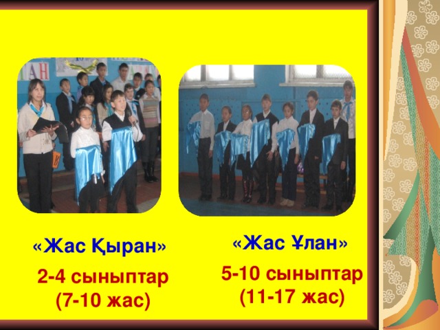 «Жас Ұлан » «Жас Қыран » 5-10 сыныптар (11-17 жас) 2 - 4 сыныптар (7-10 жас)