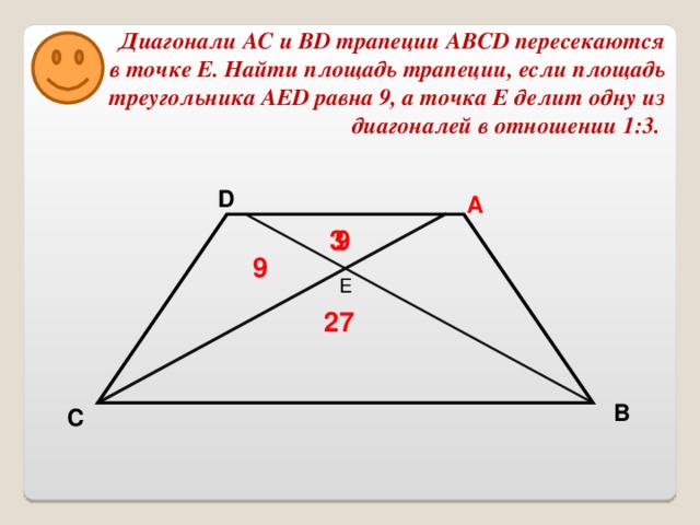 Диагонали АС и BD трапеции ABCD пересекаются в точке Е. Найти площадь трапеции, если площадь треугольника AED равна 9, а точка Е делит одну из диагоналей в отношении 1:3. D А 9 3 9 E 27 В С