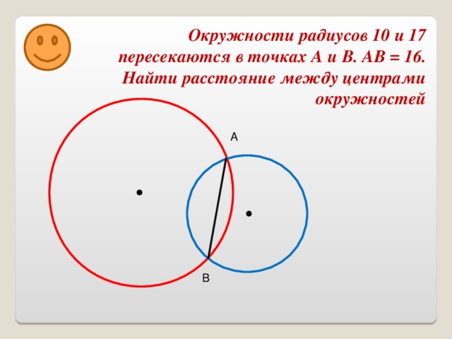 Окружности радиусов 10 и 17 пересекаются в точках А и В. АВ = 16 .  Найти расстояние между центрами окружностей A B