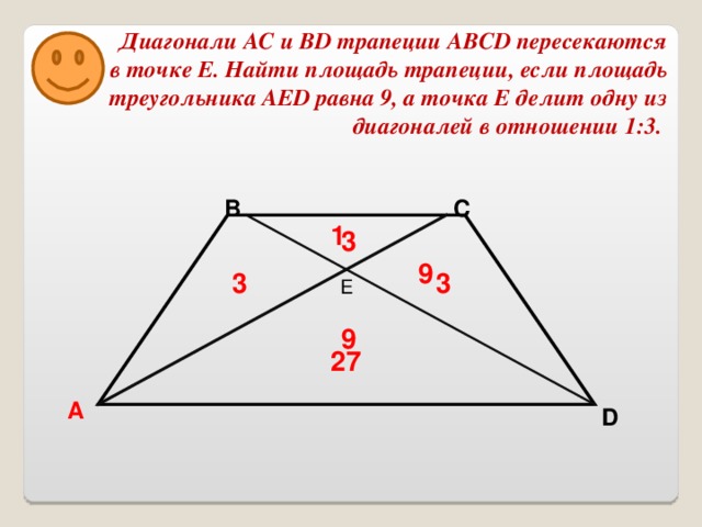 Диагонали АС и BD трапеции ABCD пересекаются в точке Е. Найти площадь трапеции, если площадь треугольника AED равна 9, а точка Е делит одну из диагоналей в отношении 1:3. В С 1 3 9 3 3 E 9 27 А D