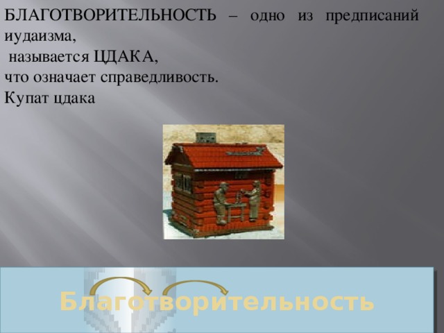 БЛАГОТВОРИТЕЛЬНОСТЬ – одно из предписаний иудаизма,  называется ЦДАКА, что означает справедливость. Купат цдака Благотворительность